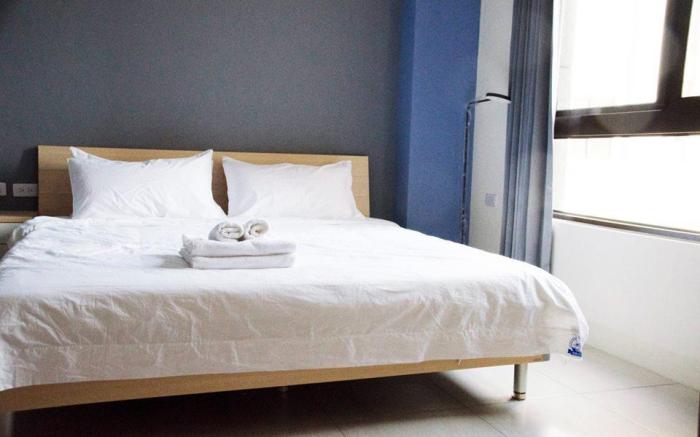 Dark gray and light blue visual mountain view room